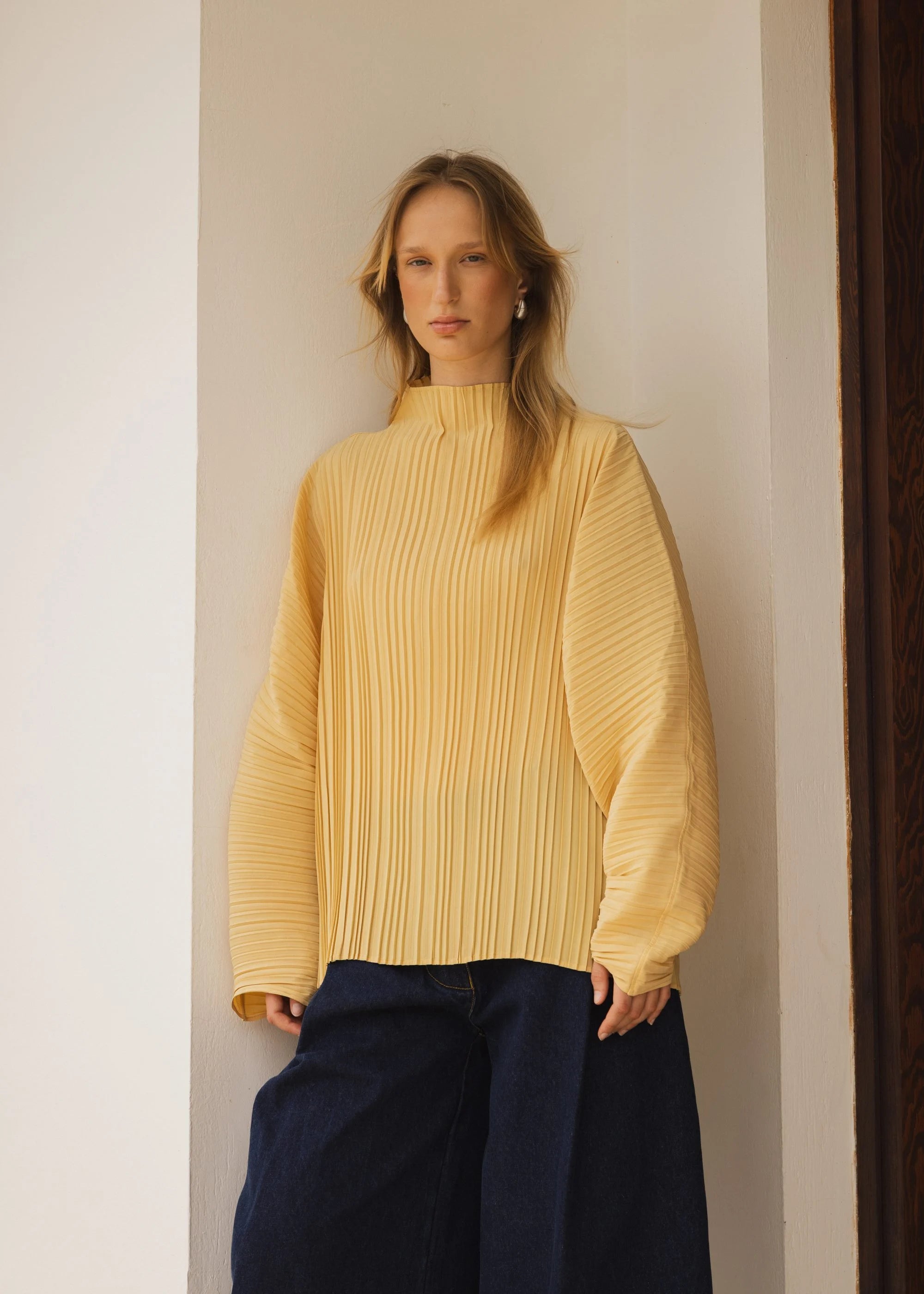 top Sculpted Pleated High Neck Top